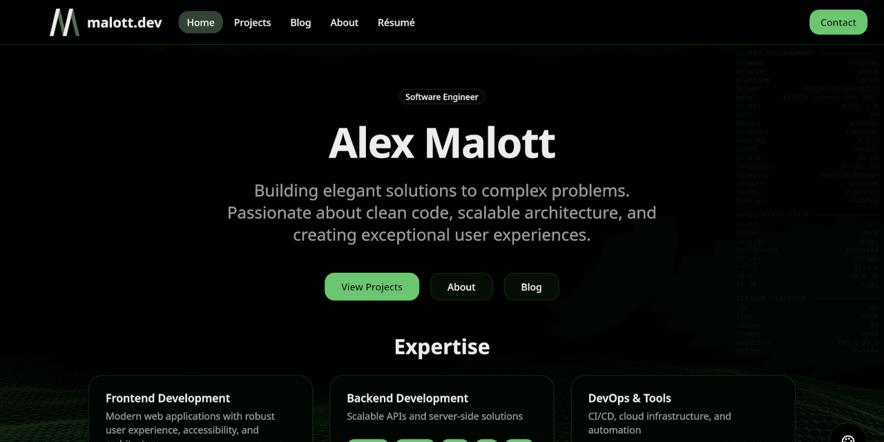 A screenshot of the malott.dev developer portfolio site